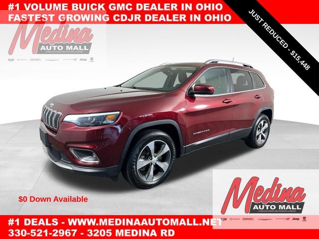 2019 Jeep Cherokee Limited in Velvet Red Pearlcoat — front three-quarter view