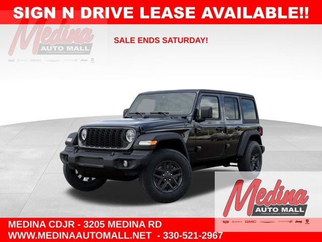 2026 Jeep Wrangler Sport S in Black Clear-Coat Exterior Paint — front three-quarter view