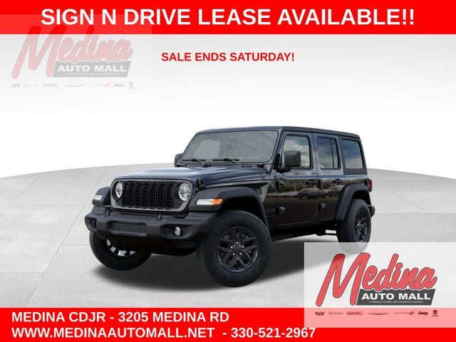 2026 Jeep Wrangler Sport S in Black Clear-Coat Exterior Paint — front three-quarter view