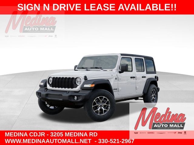 2026 Jeep Wrangler Sport S in Bright White Clear-Coat Exterior Paint — front three-quarter view