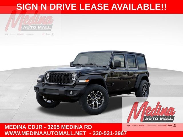2026 Jeep Wrangler Sport S in Black Clear-Coat Exterior Paint — front three-quarter view