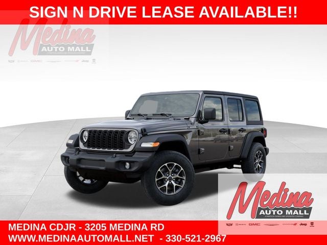 2026 Jeep Wrangler Sport S in Granite Crystal Metallic Clear-Coat Exterior Paint — front three-quarter view