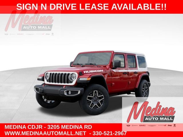 2026 Jeep Wrangler Sahara in Firecracker Red Clear-Coat Exterior Paint — front three-quarter view