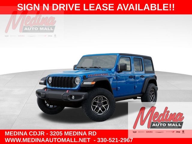 2026 Jeep Wrangler Rubicon in Hydro Blue Pearl-Coat Exterior Paint — front three-quarter view