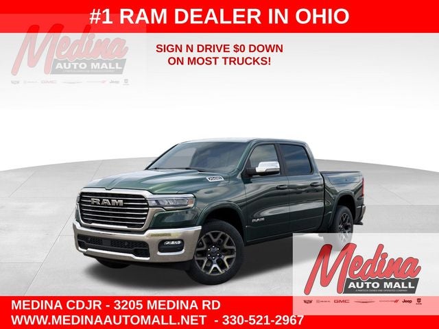 2026 RAM 1500 Laramie in Serrano-Green Metallic Exterior Paint — front three-quarter view