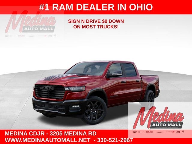 2026 RAM 1500 Laramie in Molten Red Pearl-Coat Exterior Paint — front three-quarter view