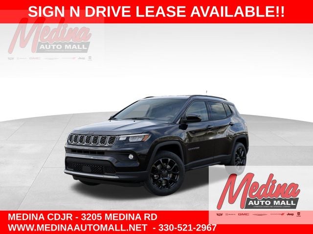 2026 Jeep Compass Latitude in Diamond Black Crystal Pearl-Coat Exterior Paint — front three-quarter view