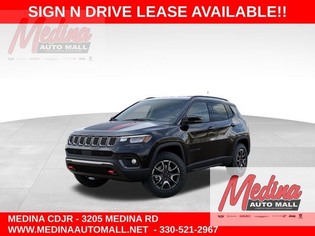 2026 Jeep Compass Trailhawk in Diamond Black Crystal Pearl-Coat Exterior Paint — front three-quarter view