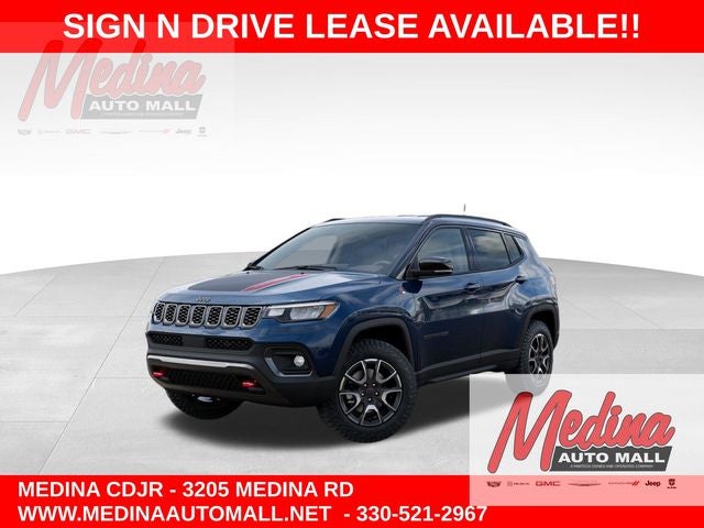 2026 Jeep Compass Trailhawk in Fathom Blue Pearl-Coat Exterior Paint — front three-quarter view