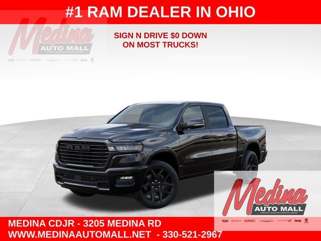 2026 RAM 1500 Laramie in Diamond Black Crystal Pearl-Coat Exterior Paint — front three-quarter view