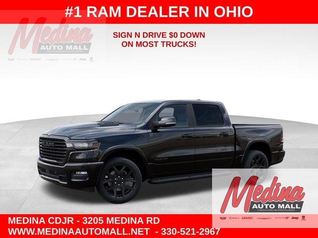 2026 RAM 1500 Laramie in Diamond Black Crystal Pearl-Coat Exterior Paint — front three-quarter view