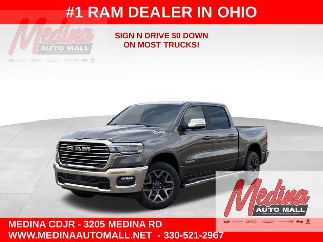 2026 RAM 1500 Laramie in Granite Crystal Metallic Clear-Coat Exterior Paint — front three-quarter view