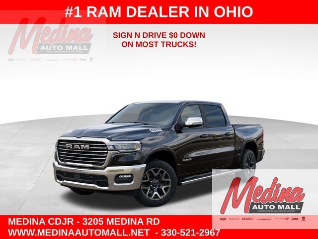 2026 RAM 1500 Laramie in Diamond Black Crystal Pearl-Coat Exterior Paint — front three-quarter view